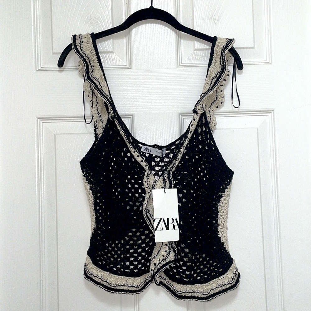 NWT Zara Pointelle Ruffled Knit Top - Picture 8 of 11